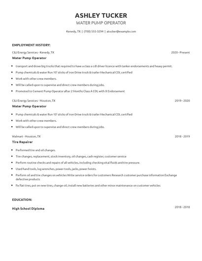 Water Pump Operator Resume