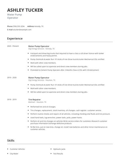 Water Pump Operator Resume