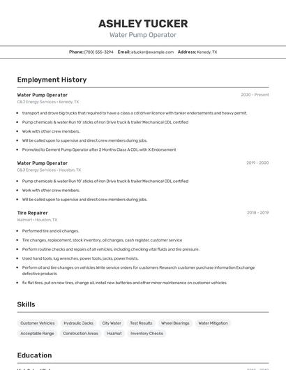 Water Pump Operator Resume