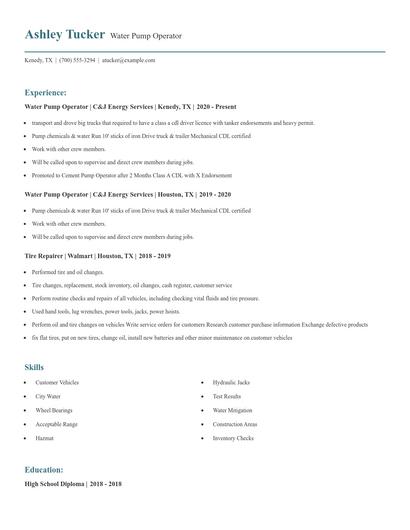 Water Pump Operator Resume