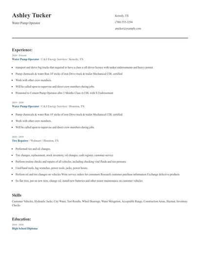 Water Pump Operator Resume