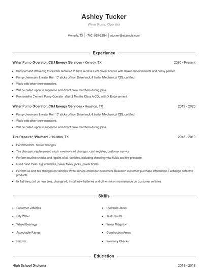 Water Pump Operator Resume