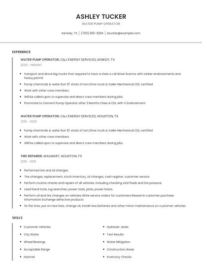 Water Pump Operator Resume