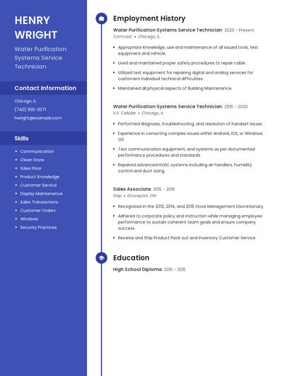 Water Purification Systems Service Technician Resume