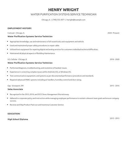 Water Purification Systems Service Technician Resume