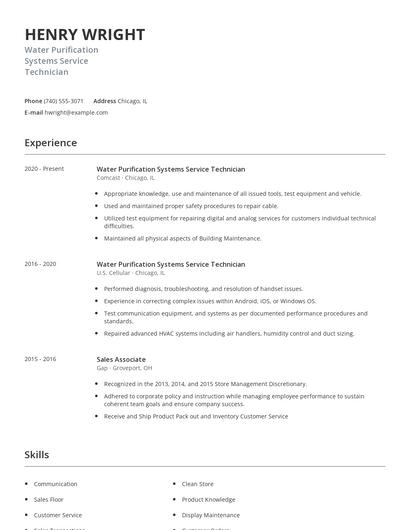 Water Purification Systems Service Technician Resume