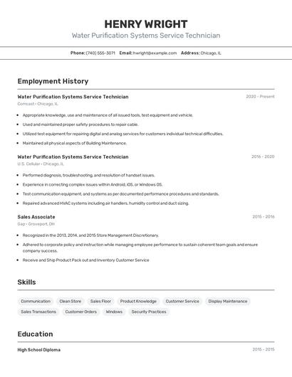 Water Purification Systems Service Technician Resume