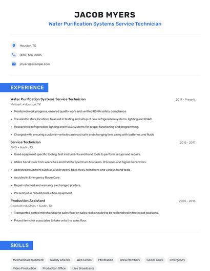 Water Purification Systems Service Technician Resume