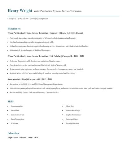 Water Purification Systems Service Technician Resume