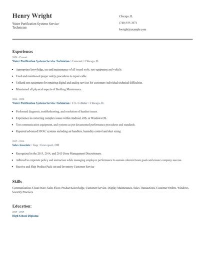Water Purification Systems Service Technician Resume