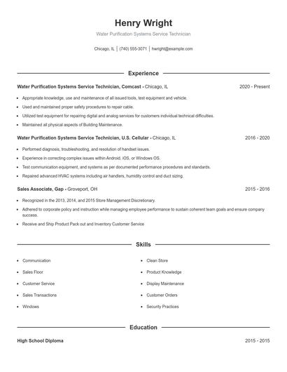 Water Purification Systems Service Technician Resume
