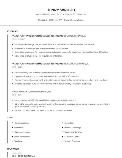 Water Purification Systems Service Technician Resume
