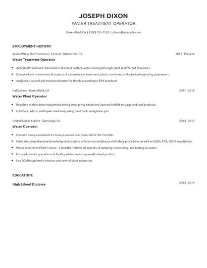 Water Treatment Operator Resume