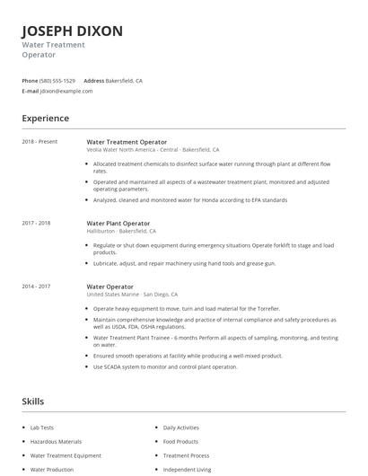 Water Treatment Operator Resume