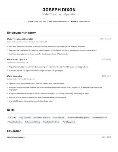 Water Treatment Operator Resume