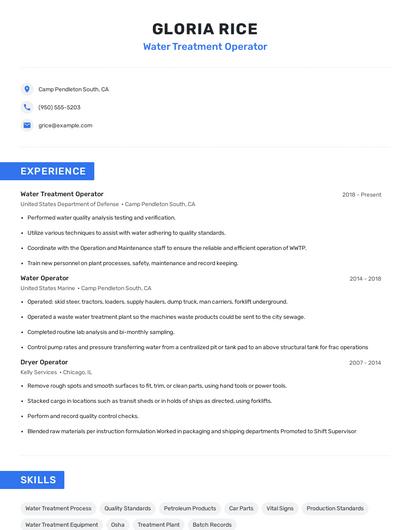 Water Treatment Operator Resume