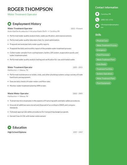 Water Treatment Operator Resume