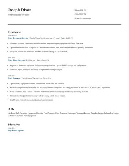 Water Treatment Operator Resume