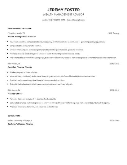 Wealth Management Advisor Resume