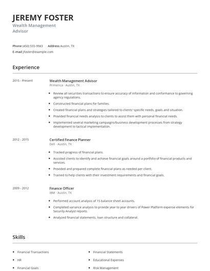 Wealth Management Advisor Resume