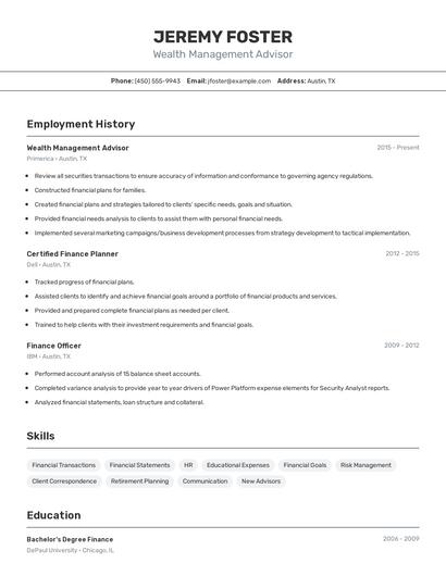 Wealth Management Advisor Resume