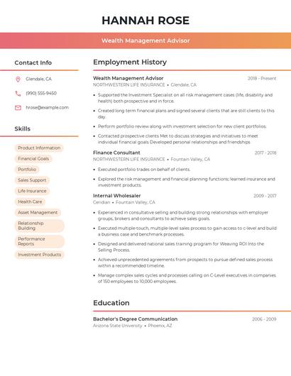 Wealth Management Advisor Resume