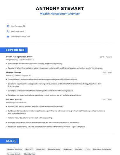 Wealth Management Advisor Resume