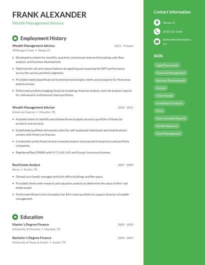 Wealth Management Advisor Resume