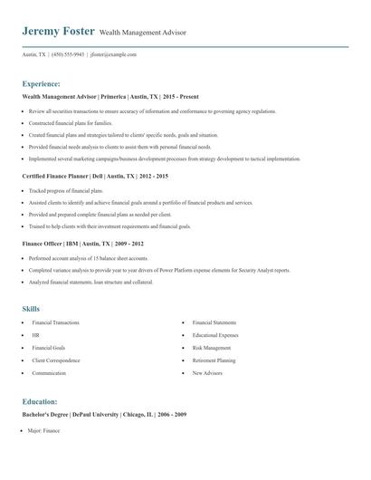 Wealth Management Advisor Resume