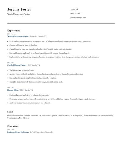 Wealth Management Advisor Resume