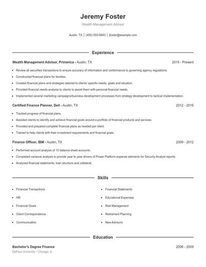 Wealth Management Advisor Resume
