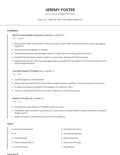 Wealth Management Advisor Resume
