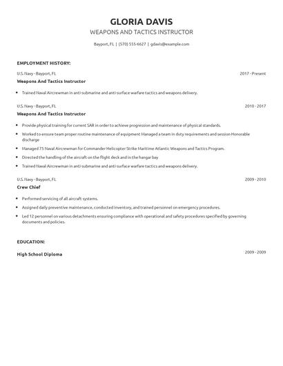 Weapons And Tactics Instructor Resume