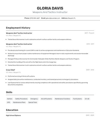 Weapons And Tactics Instructor Resume