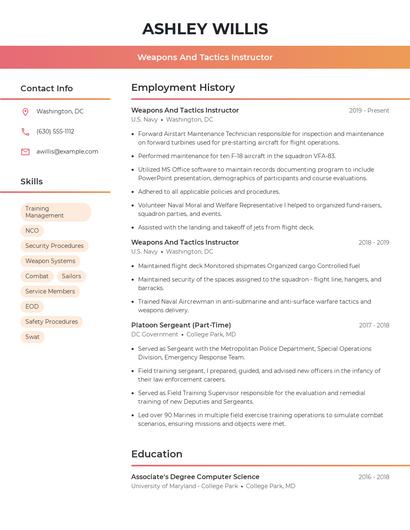 Weapons And Tactics Instructor Resume
