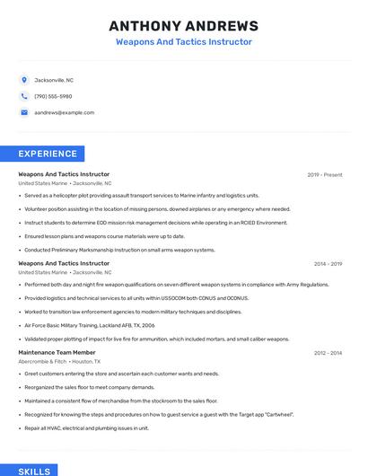 Weapons And Tactics Instructor Resume