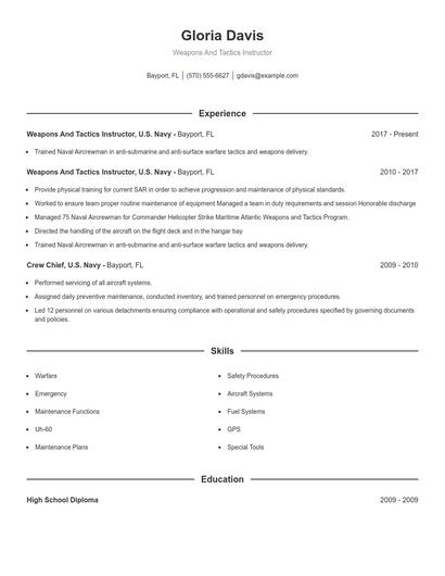 Weapons And Tactics Instructor Resume