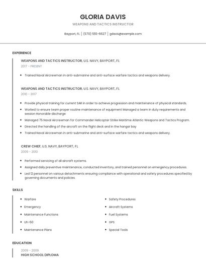 Weapons And Tactics Instructor Resume