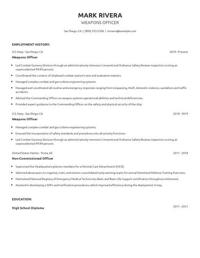 Weapons Officer Resume