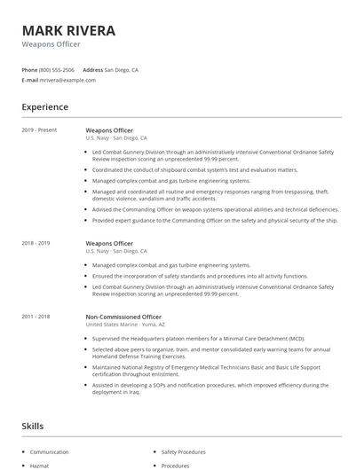 Weapons Officer Resume