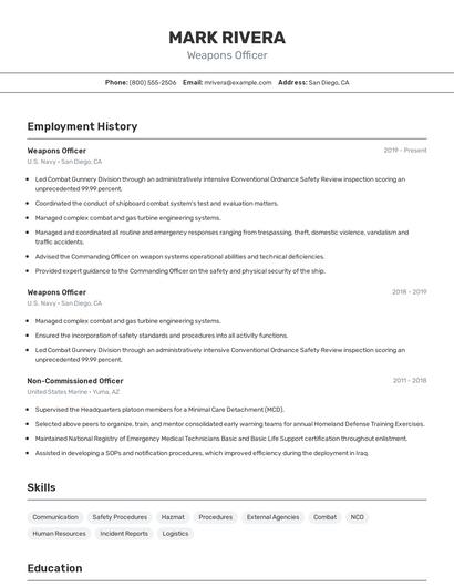 Weapons Officer Resume