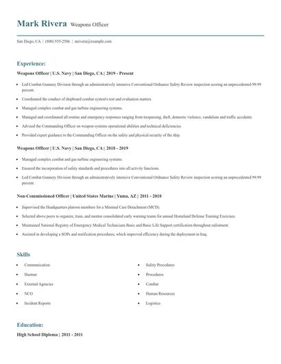 Weapons Officer Resume