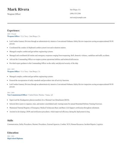 Weapons Officer Resume