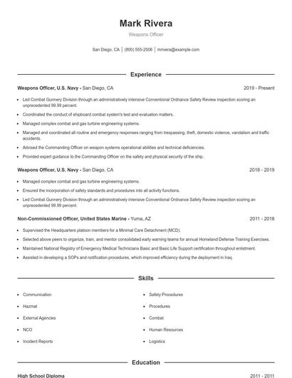 Weapons Officer Resume