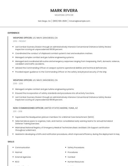 Weapons Officer Resume