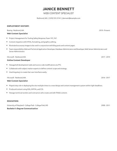 Web Content Specialist Resume