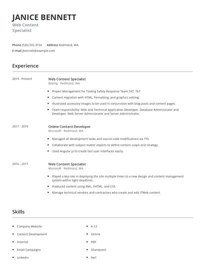 Web Content Specialist Resume