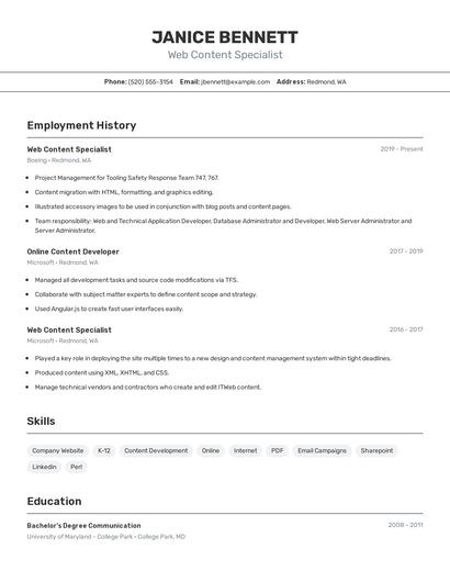 Web Content Specialist Resume