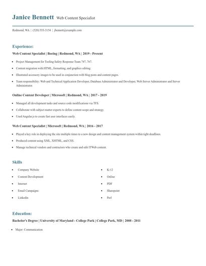 Web Content Specialist Resume