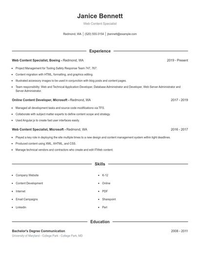 Web Content Specialist Resume